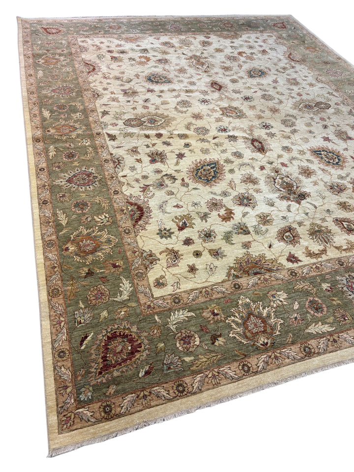 Ivory &amp; Sage Green Floral Wool Rug – 12.0’ x 14.10’