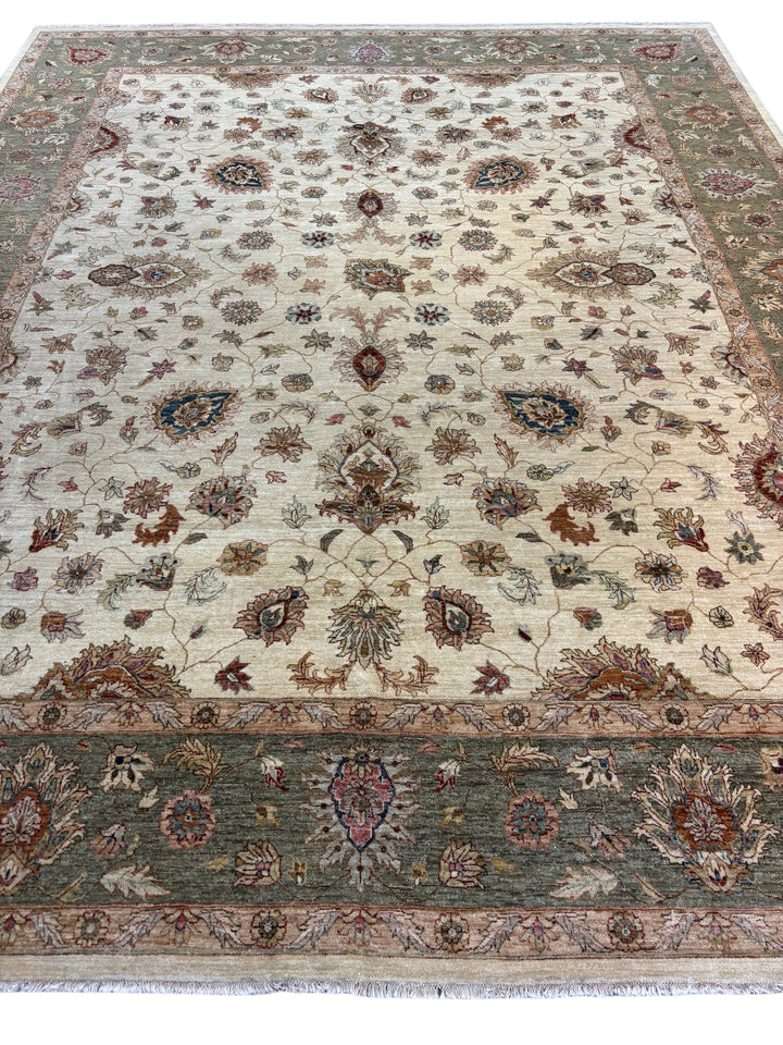Ivory &amp; Sage Green Floral Wool Rug – 12.0’ x 14.10’