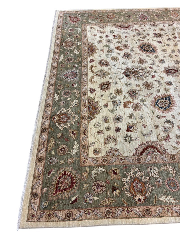 Ivory &amp; Sage Green Floral Wool Rug – 12.0’ x 14.10’