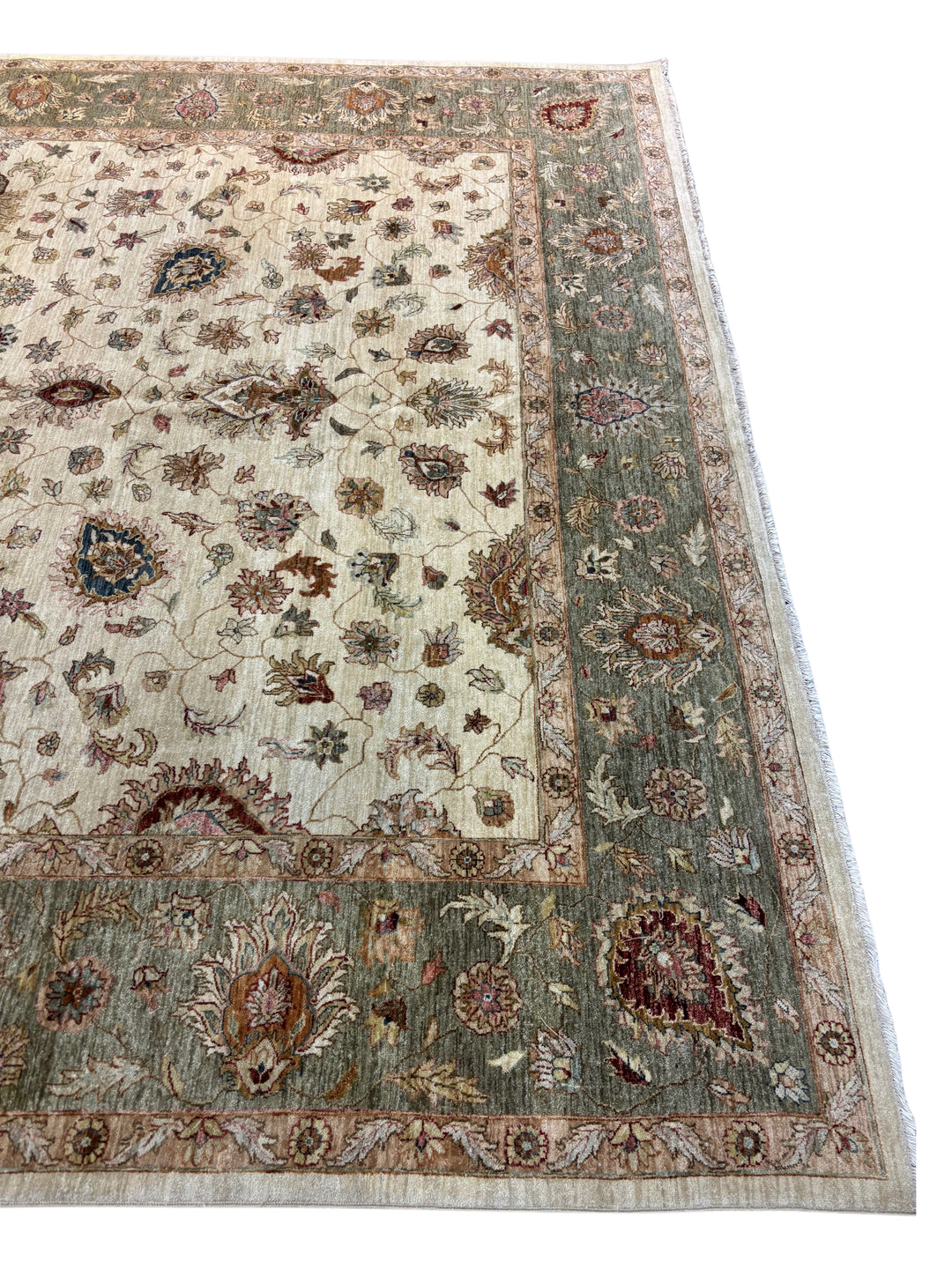 Ivory &amp; Sage Green Floral Wool Rug – 12.0’ x 14.10’