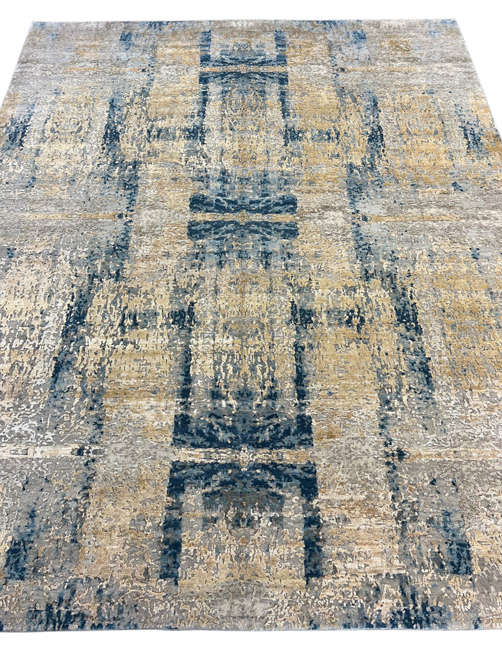 Gray, Ivory &amp; Deep Blue Abstract Modern Rug – 8.0’ x 9.10’