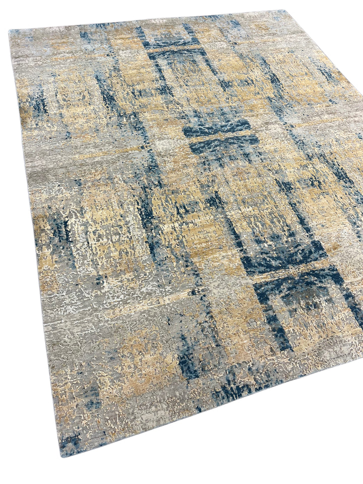 Gray, Ivory &amp; Deep Blue Abstract Modern Rug – 8.0’ x 9.10’