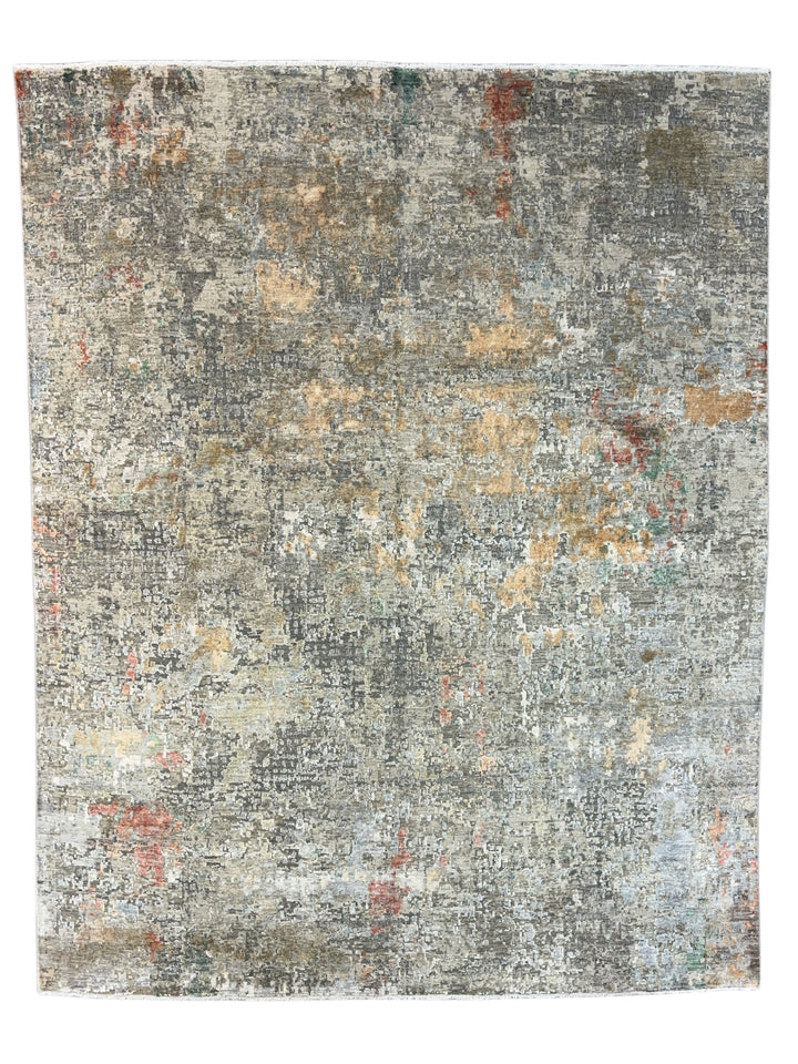 Gray, Beige &amp; Rust Abstract Art Silk Rug – 7.11’ x 10.0’