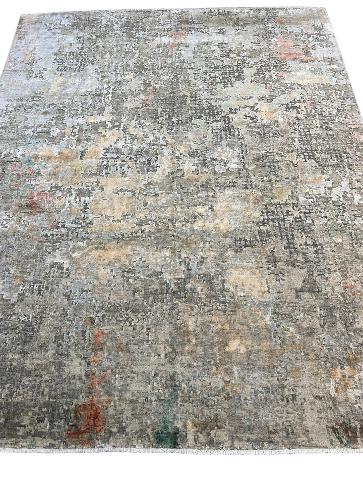 Gray, Beige &amp; Rust Abstract Art Silk Rug – 7.11’ x 10.0’