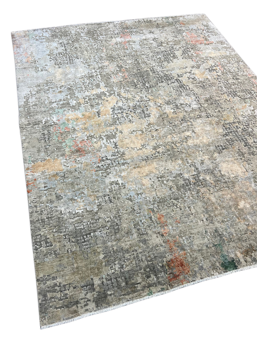 Gray, Beige &amp; Rust Abstract Art Silk Rug – 7.11’ x 10.0’