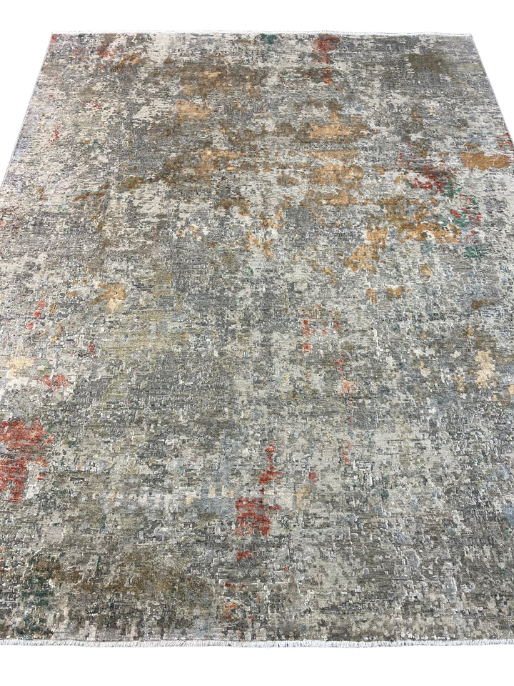 Gray, Beige &amp; Rust Abstract Art Silk Rug – 7.11’ x 10.0’