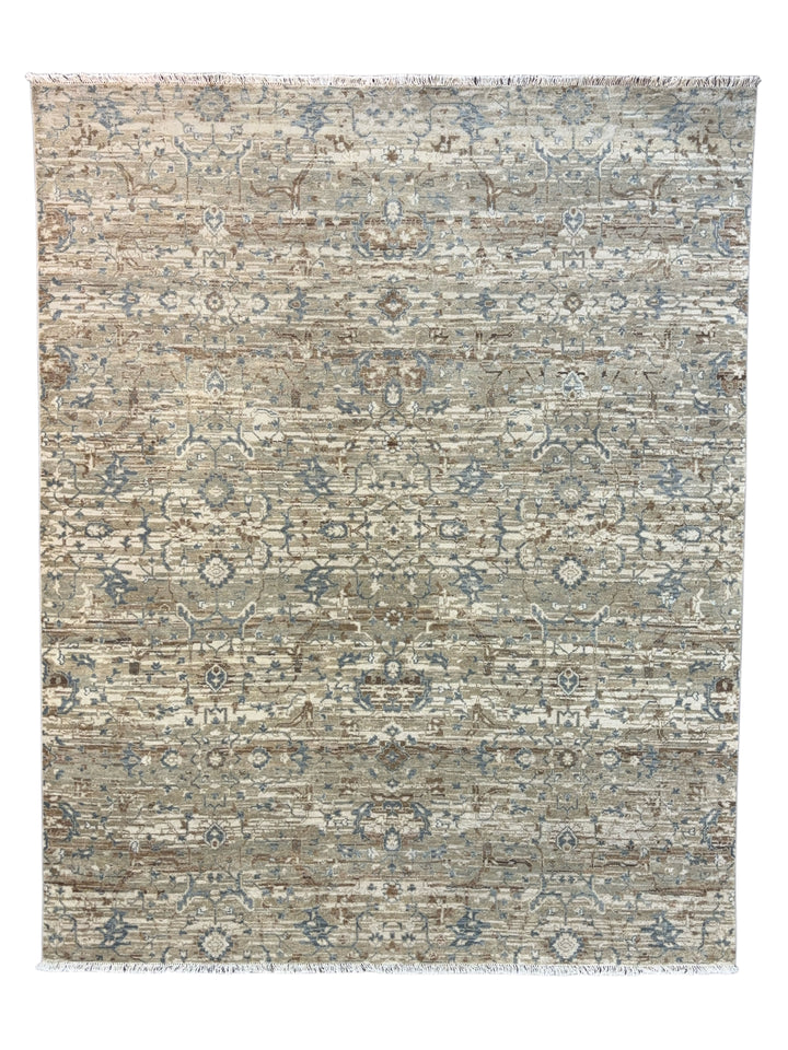 Soft Beige, Taupe &amp; Light Blue Distressed Floral Rug – 8.0’ x 10.0’