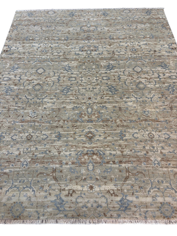 Soft Beige, Taupe &amp; Light Blue Distressed Floral Rug – 8.0’ x 10.0’