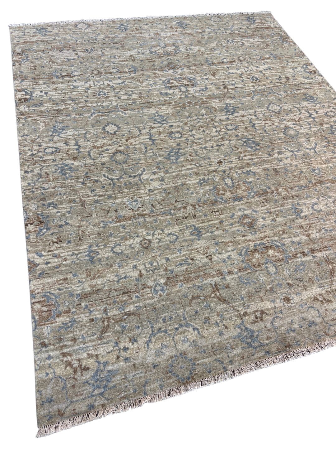 Soft Beige, Taupe &amp; Light Blue Distressed Floral Rug – 8.0’ x 10.0’
