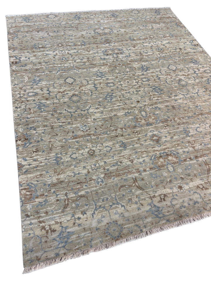 Soft Beige, Taupe &amp; Light Blue Distressed Floral Rug – 8.0’ x 10.0’