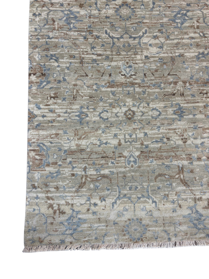 Soft Beige, Taupe &amp; Light Blue Distressed Floral Rug – 8.0’ x 10.0’