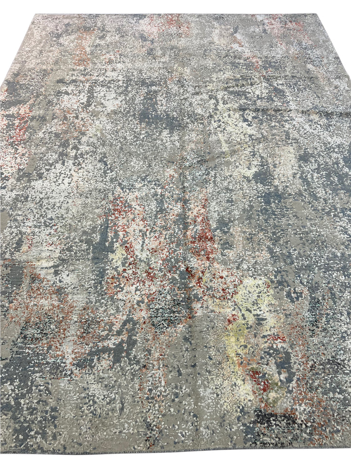 Gray, Blue &amp; Rust Textured Abstract Art Silk Rug – 9.1’ x 11.11’