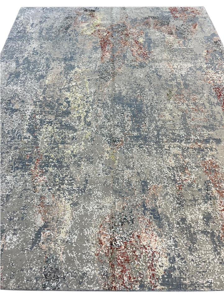Gray, Blue &amp; Rust Textured Abstract Art Silk Rug – 9.1’ x 11.11’