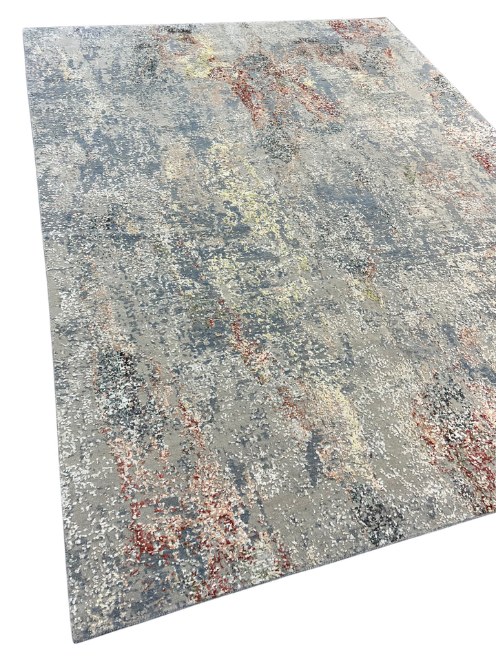 Gray, Blue &amp; Rust Textured Abstract Art Silk Rug – 9.1’ x 11.11’