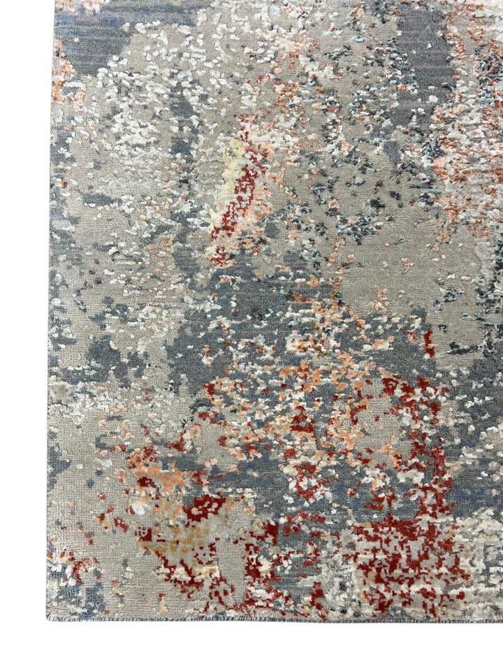 Gray, Blue &amp; Rust Textured Abstract Art Silk Rug – 9.1’ x 11.11’