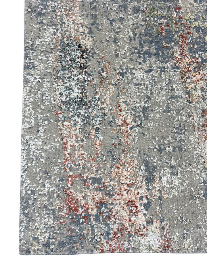 Gray, Blue &amp; Rust Textured Abstract Art Silk Rug – 9.1’ x 11.11’