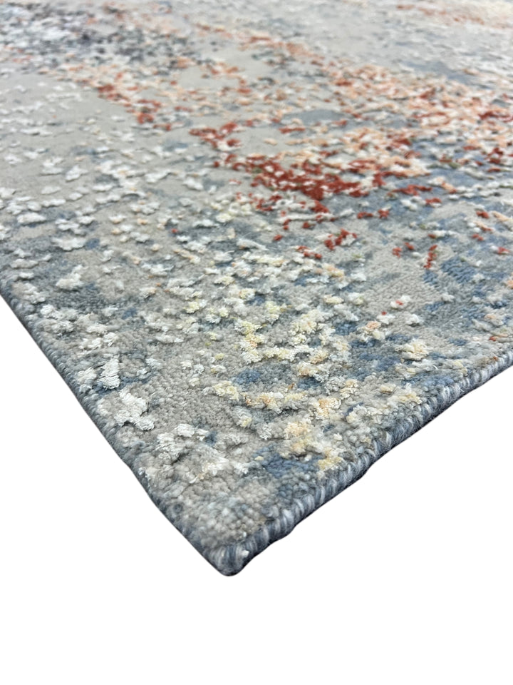 Gray, Blue &amp; Rust Textured Abstract Art Silk Rug – 9.1’ x 11.11’