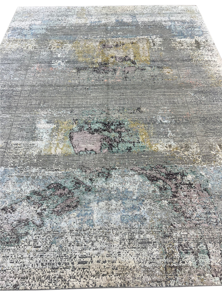 Gray, Blue &amp; Lavender Abstract Art Silk Rug – 8.11’ x 11.11’