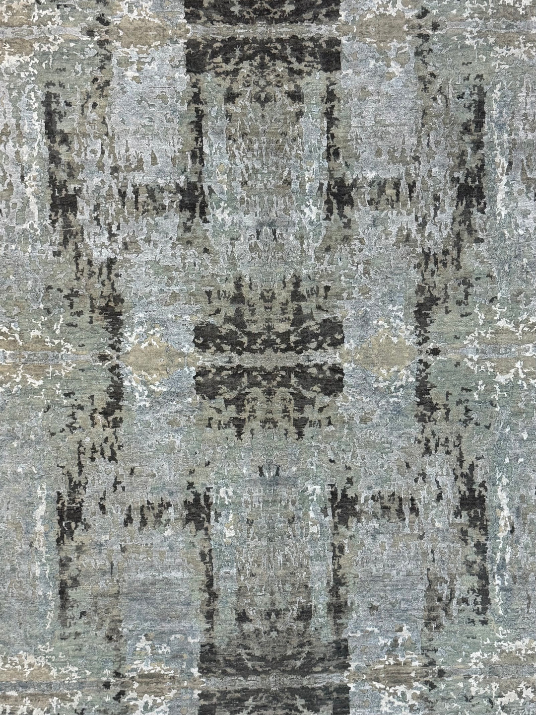 Soft Gray, Sage &amp; Charcoal Abstract Art Silk Rug – 9.0’ x 11.8’