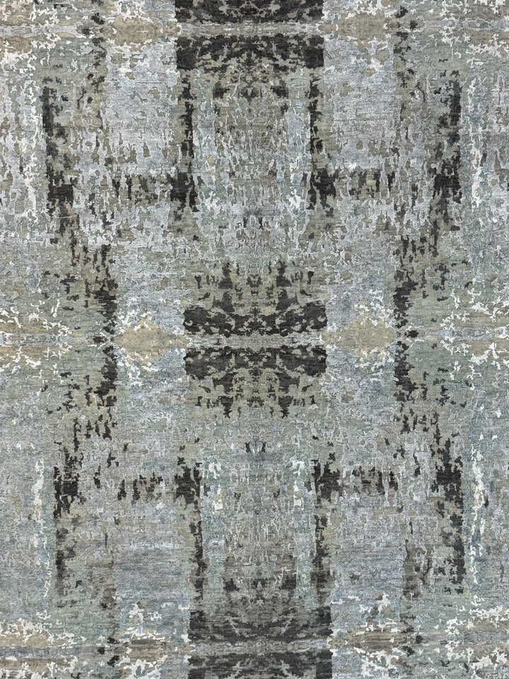 Soft Gray, Sage &amp; Charcoal Abstract Art Silk Rug – 9.0’ x 11.8’