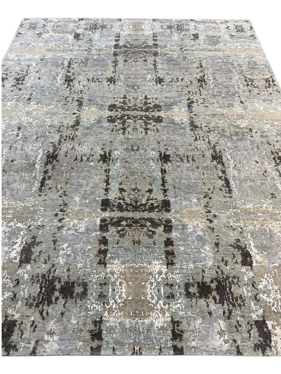 Soft Gray, Sage &amp; Charcoal Abstract Art Silk Rug – 9.0’ x 11.8’