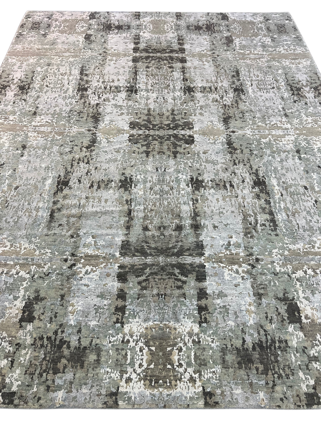 Soft Gray, Sage &amp; Charcoal Abstract Art Silk Rug – 9.0’ x 11.8’