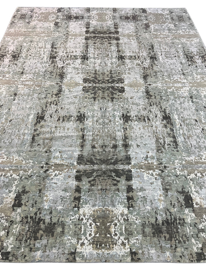 Soft Gray, Sage &amp; Charcoal Abstract Art Silk Rug – 9.0’ x 11.8’