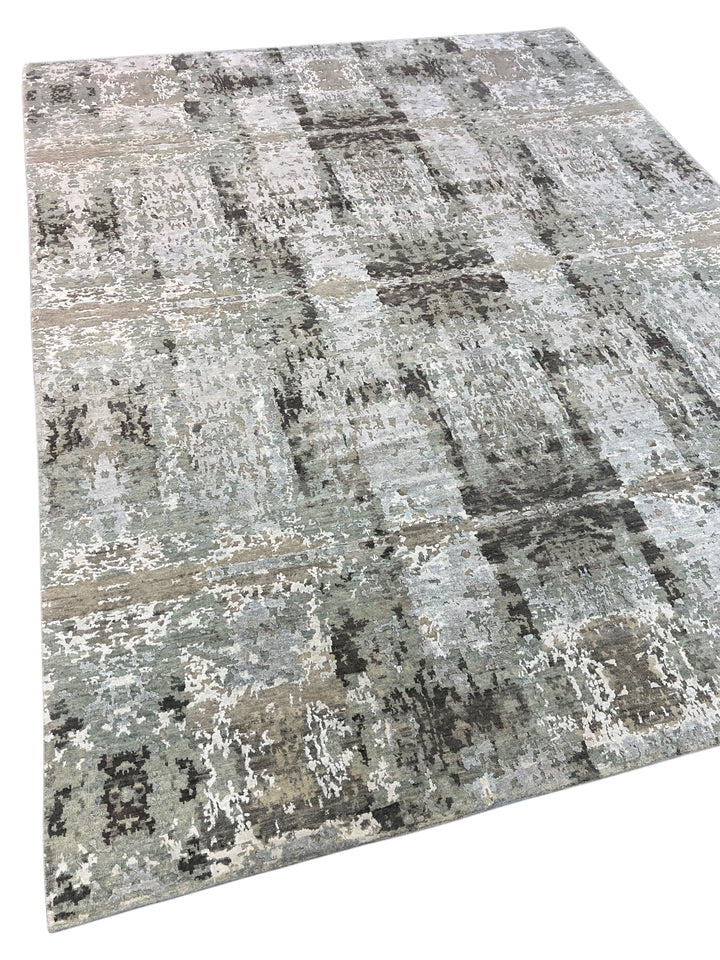 Soft Gray, Sage &amp; Charcoal Abstract Art Silk Rug – 9.0’ x 11.8’