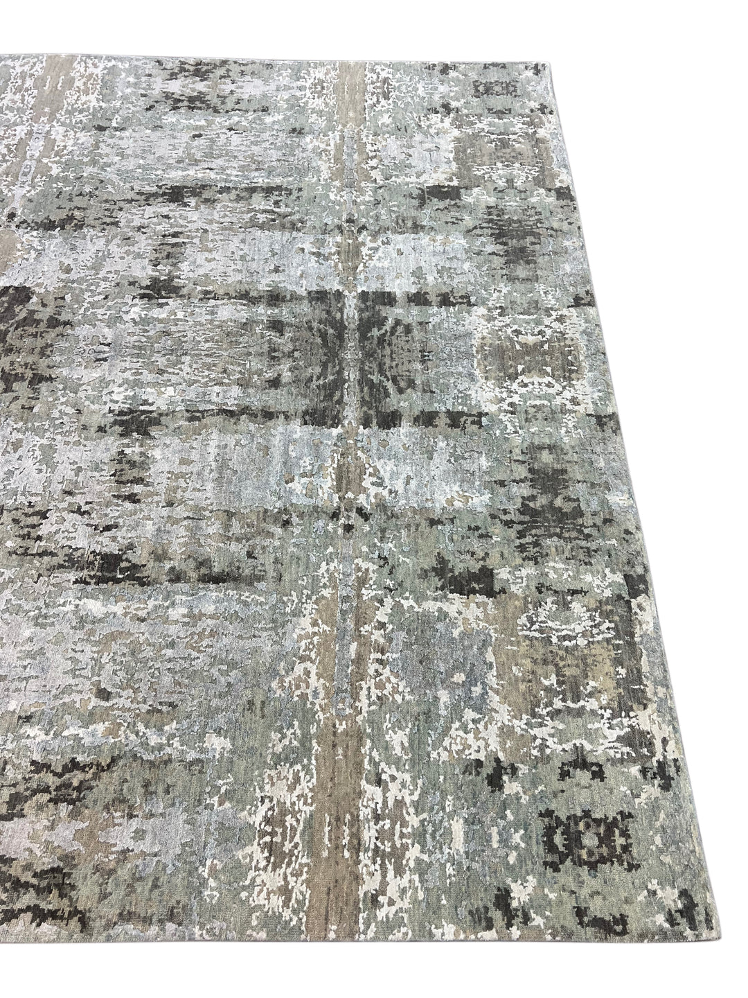 Soft Gray, Sage &amp; Charcoal Abstract Art Silk Rug – 9.0’ x 11.8’