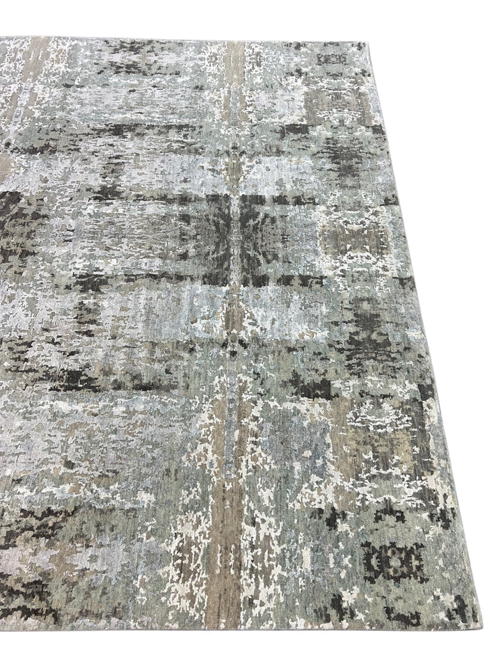 Soft Gray, Sage &amp; Charcoal Abstract Art Silk Rug – 9.0’ x 11.8’