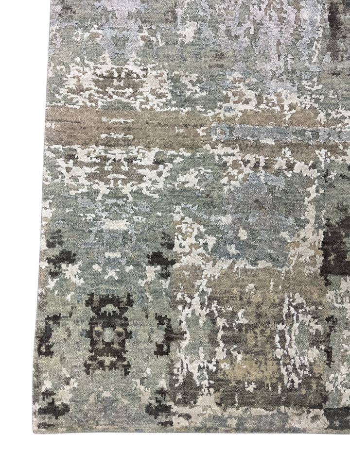 Soft Gray, Sage &amp; Charcoal Abstract Art Silk Rug – 9.0’ x 11.8’