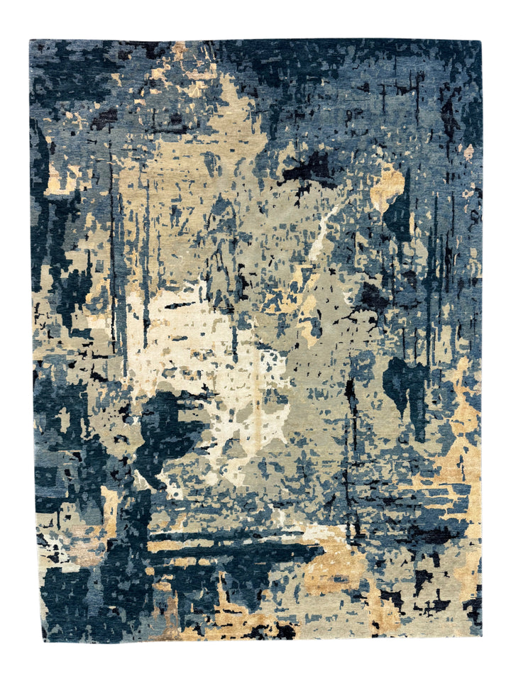 Deep Blue, Ivory &amp; Gold Abstract Modern Area Rug – 8’8” x 11’9”