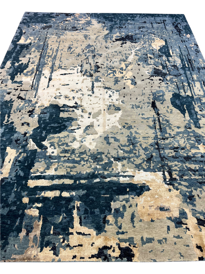 Deep Blue, Ivory &amp; Gold Abstract Modern Area Rug – 8’8” x 11’9”