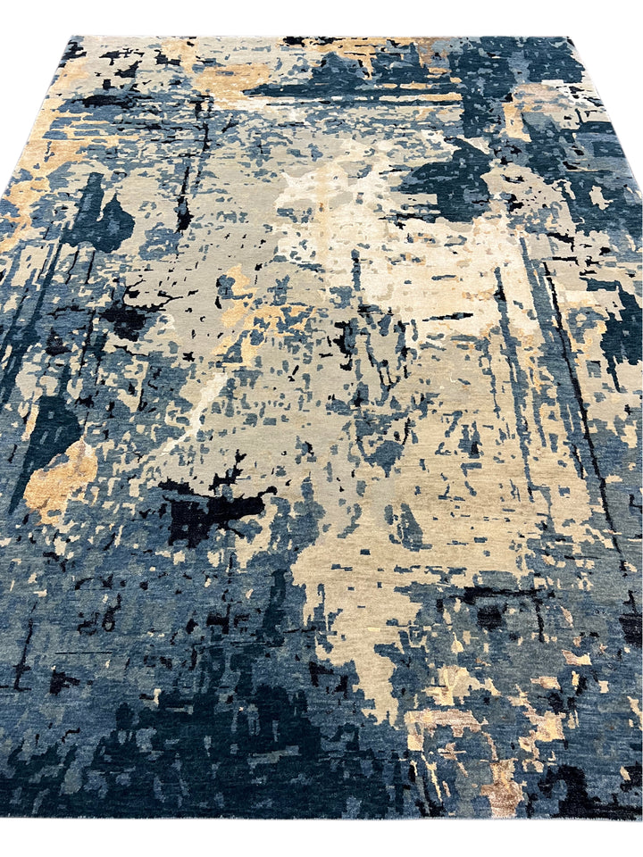 Deep Blue, Ivory &amp; Gold Abstract Modern Area Rug – 8’8” x 11’9”