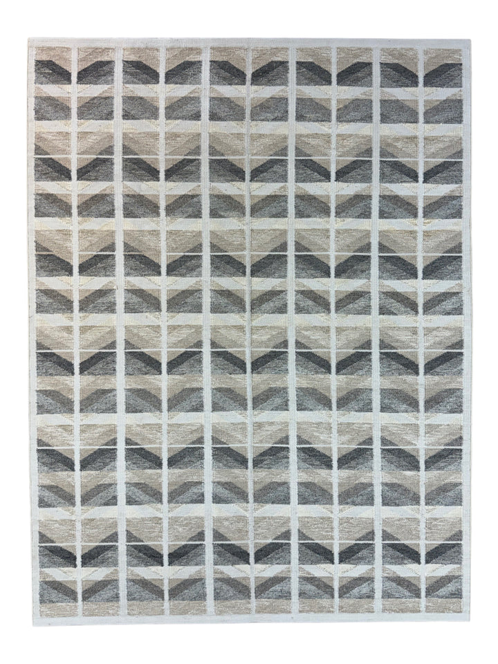 Charcoal Gray, Taupe &amp; Ivory Geometric Flatweave Wool Area Rug – 9’0” x 12’0”