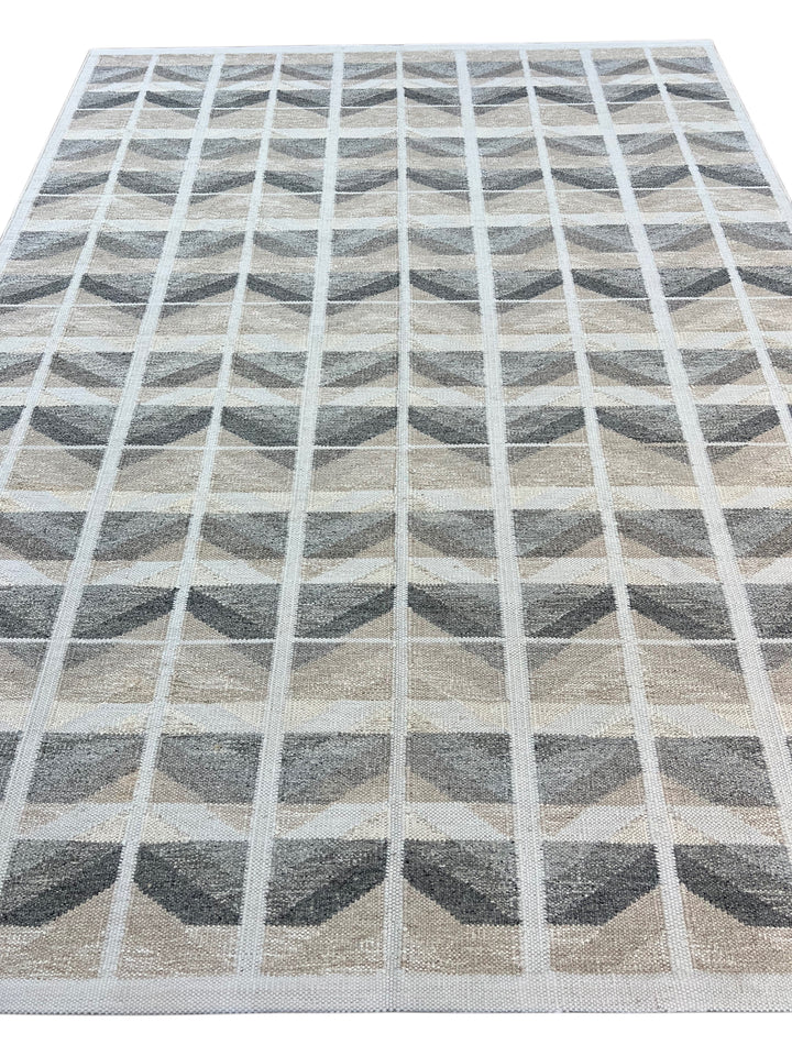 Charcoal Gray, Taupe &amp; Ivory Geometric Flatweave Wool Area Rug – 9’0” x 12’0”