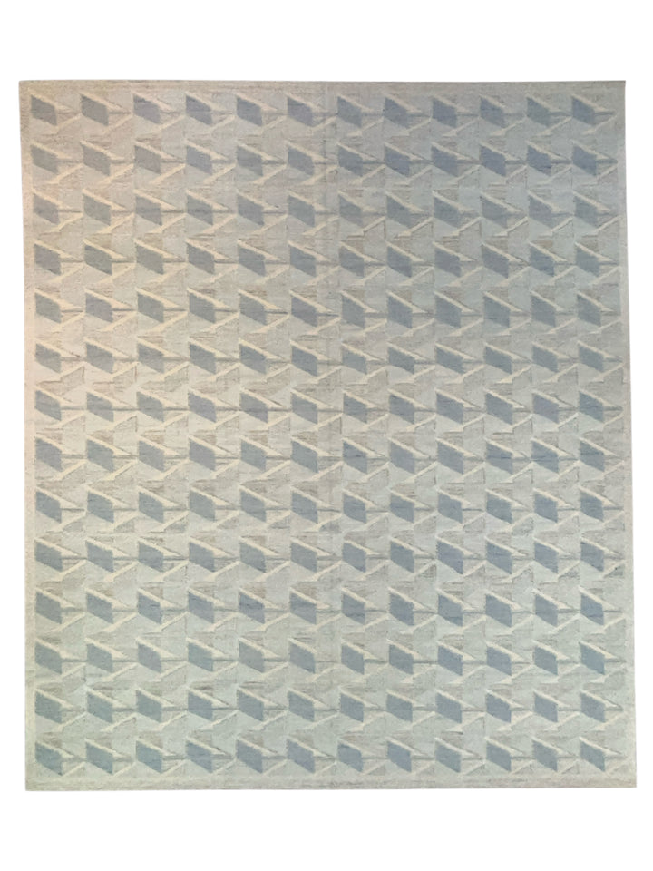 Blue, Gray &amp; Ivory Geometric Flatweave Wool Rug – 16’0” x 18’6”