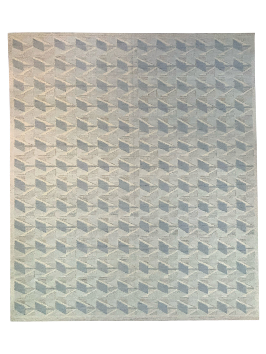 Blue, Gray & Ivory Geometric Flatweave Wool Rug – 16’0” x 18’6”