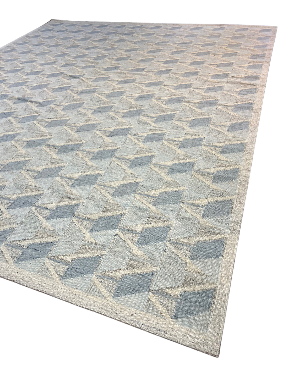Blue, Gray &amp; Ivory Geometric Flatweave Wool Rug – 16’0” x 18’6”