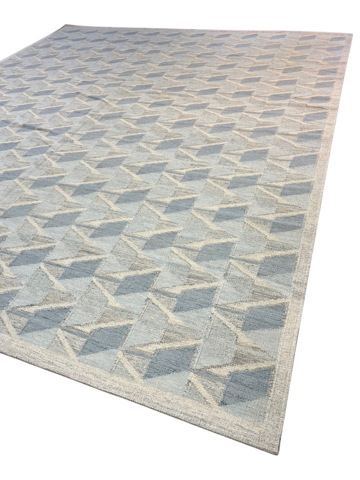 Blue, Gray &amp; Ivory Geometric Flatweave Wool Rug – 16’0” x 18’6”