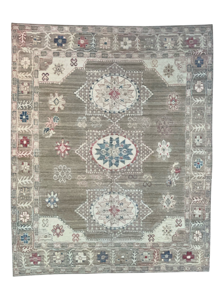 Taupe, Ivory &amp; Blue Geometric Medallion Rug – 12’3” x 15’2”