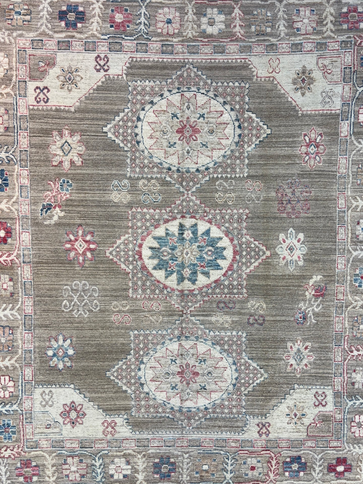 Taupe, Ivory &amp; Blue Geometric Medallion Rug – 12’3” x 15’2”