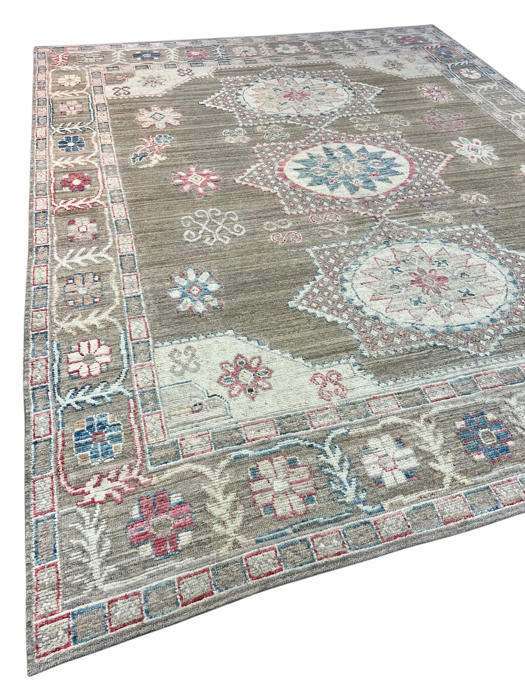 Taupe, Ivory &amp; Blue Geometric Medallion Rug – 12’3” x 15’2”