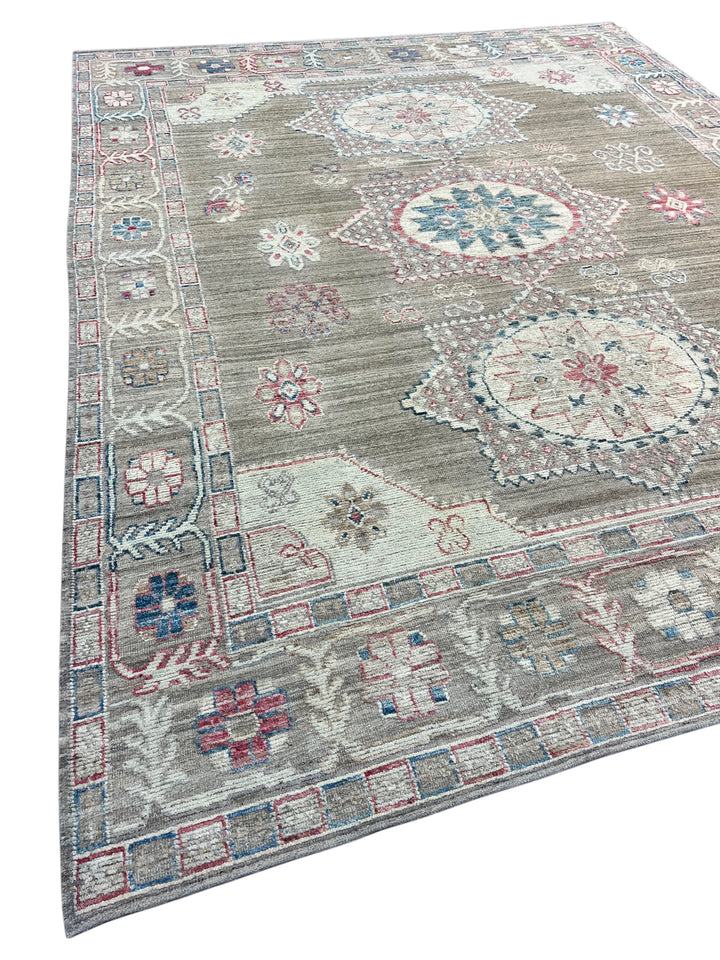 Taupe, Ivory &amp; Blue Geometric Medallion Rug – 12’3” x 15’2”