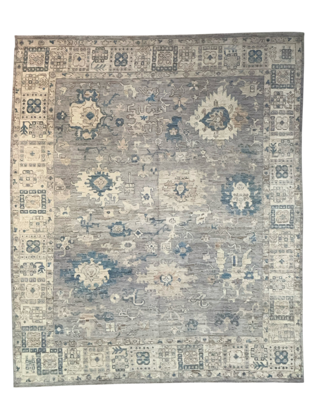 Grey, Ivory &amp; Blue Distressed Floral Rug – 12’7” x 15’0”