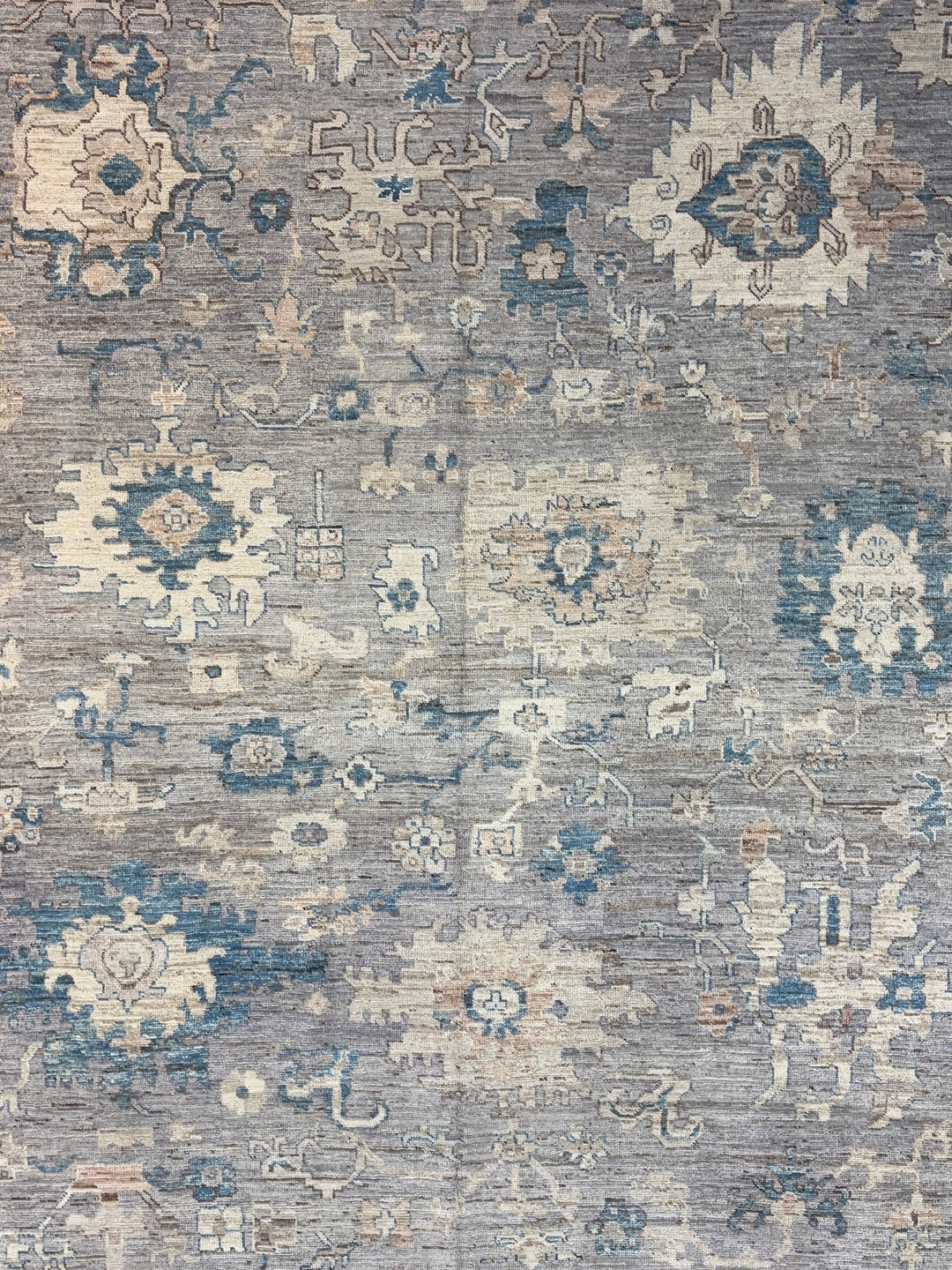 Grey, Ivory &amp; Blue Distressed Floral Rug – 12’7” x 15’0”