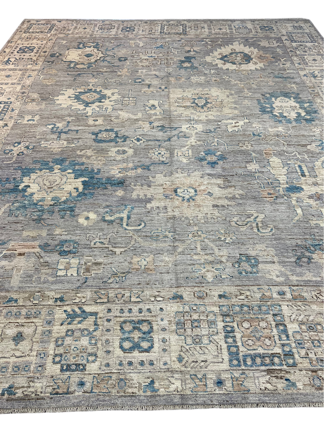 Grey, Ivory &amp; Blue Distressed Floral Rug – 12’7” x 15’0”