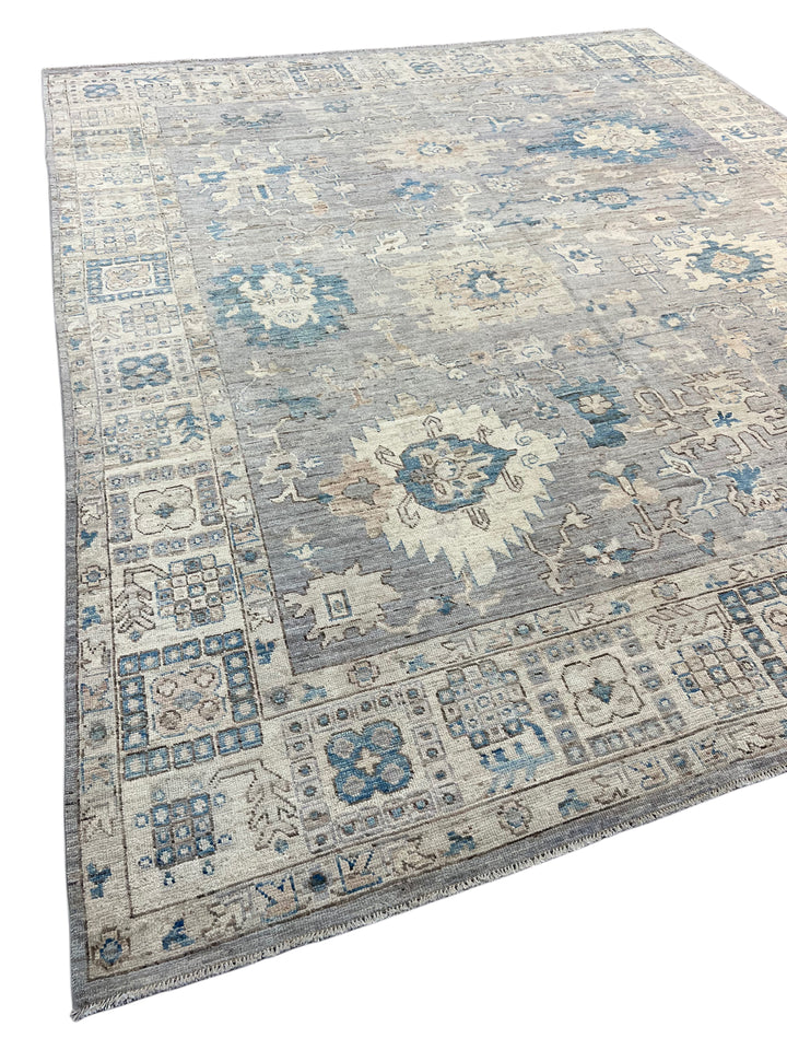 Grey, Ivory &amp; Blue Distressed Floral Rug – 12’7” x 15’0”