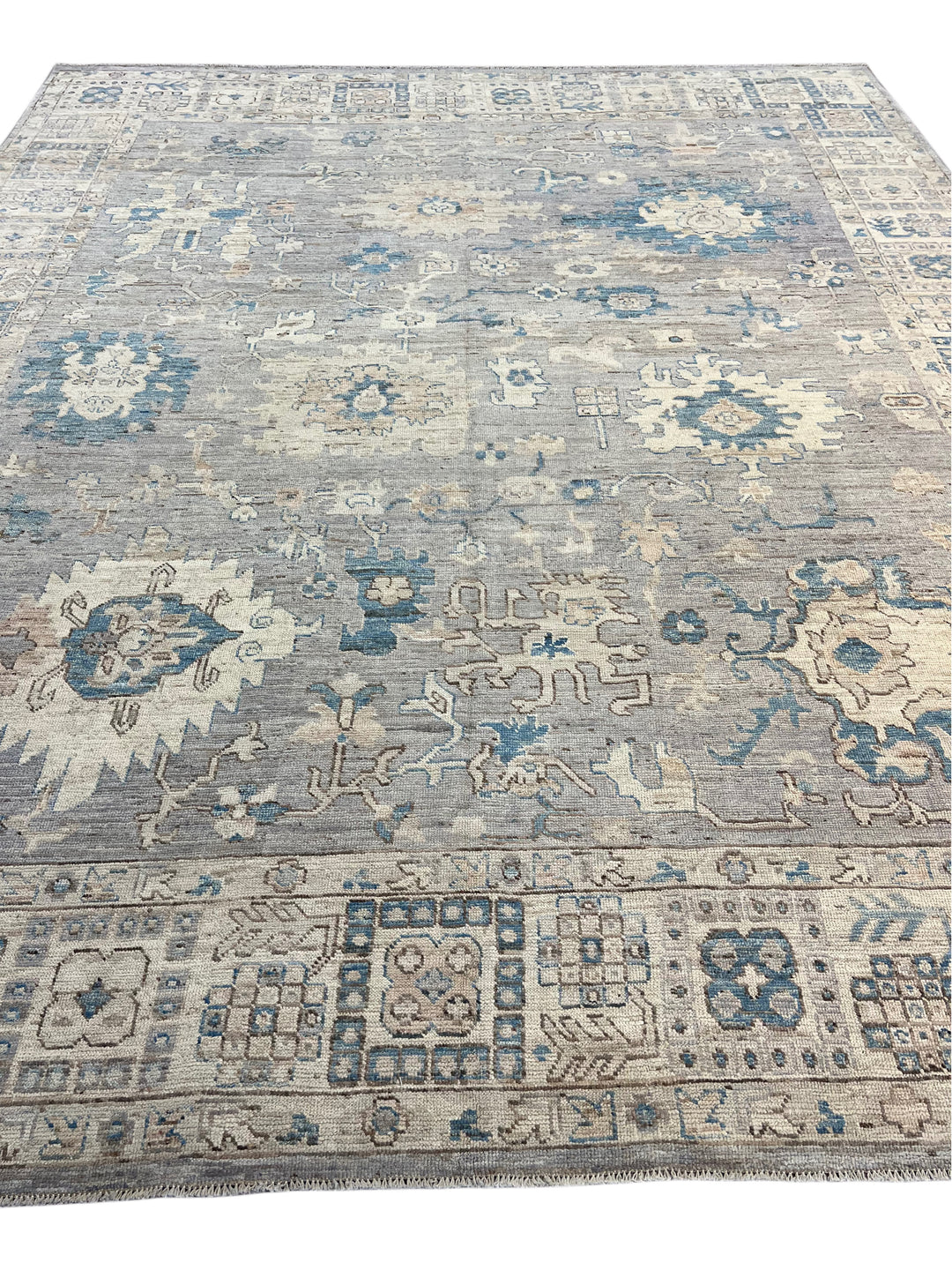 Grey, Ivory &amp; Blue Distressed Floral Rug – 12’7” x 15’0”