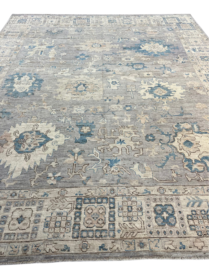 Grey, Ivory &amp; Blue Distressed Floral Rug – 12’7” x 15’0”